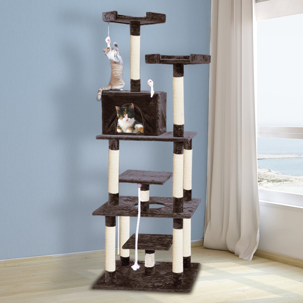 PaWz 1.98M Cat Scratching Post Tree Gym in dark brown, featuring multi-level platforms, sisal-wrapped posts, and plush covering for cat comfort.